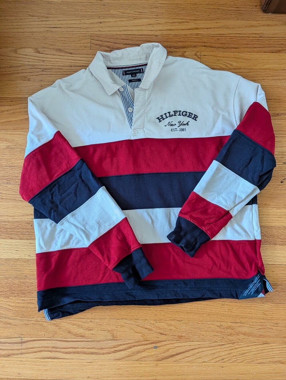 Tommy Hilfiger Red and Navy Rugby Jersey Archive Vintage Style